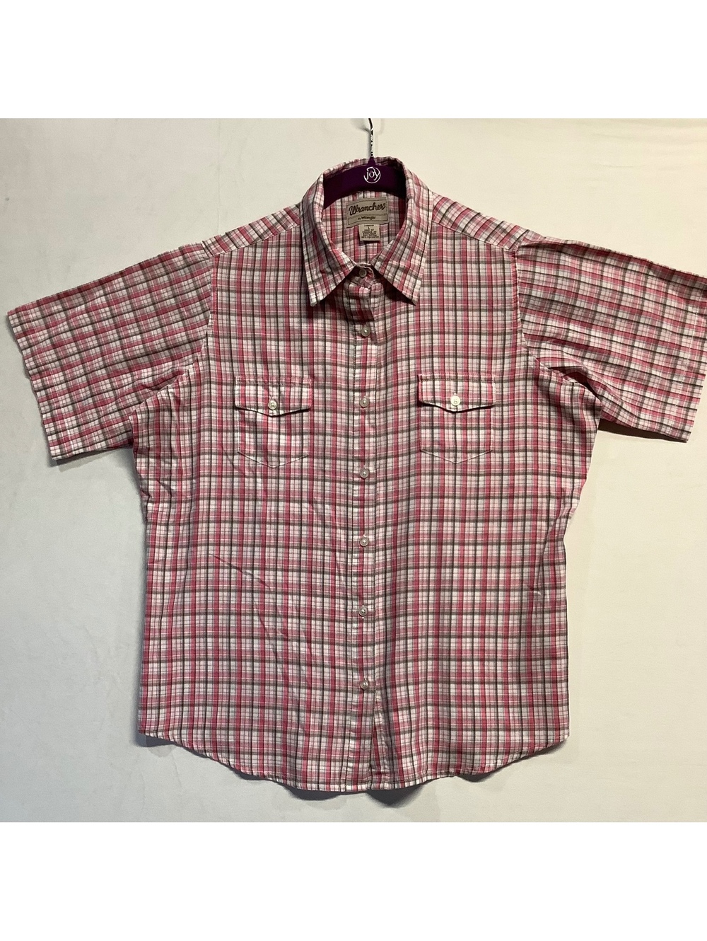 Wrangler Girl’s Short Sleeve Plaid Button-Up Shirt Red and White Large